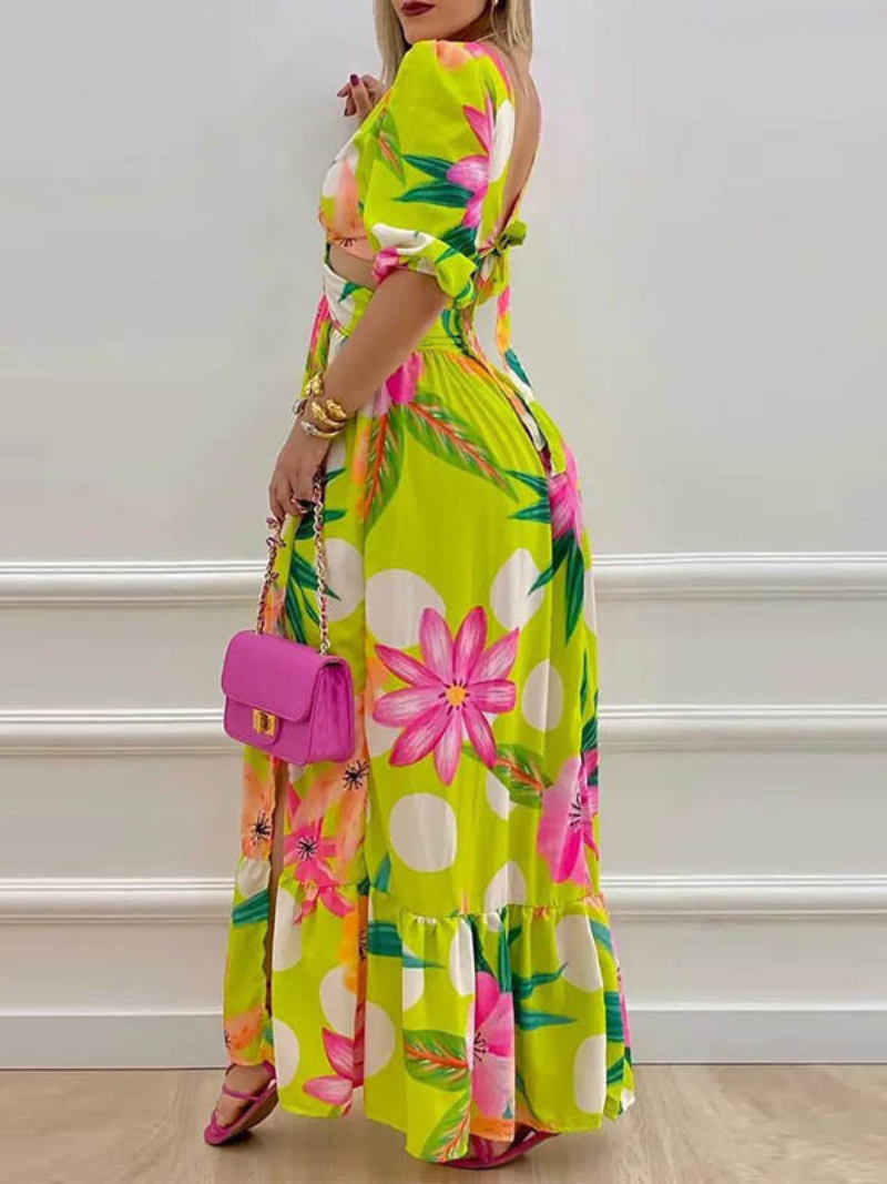 Robe Longue Bohème Imprimée Col V Fendu