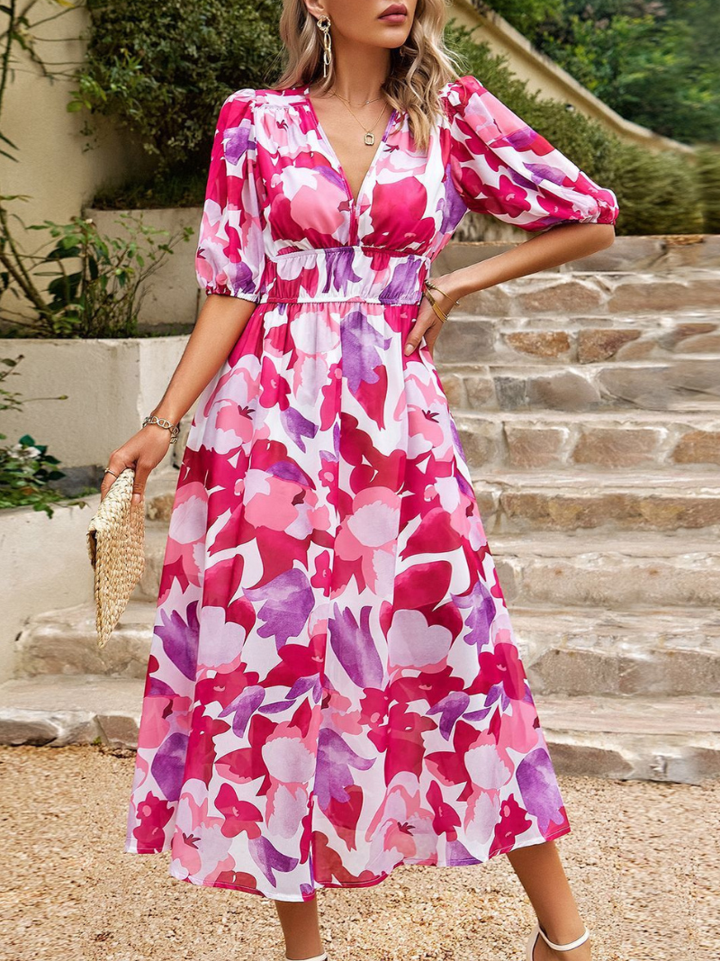 Robe d'Été Imprimée Col V Cintrée