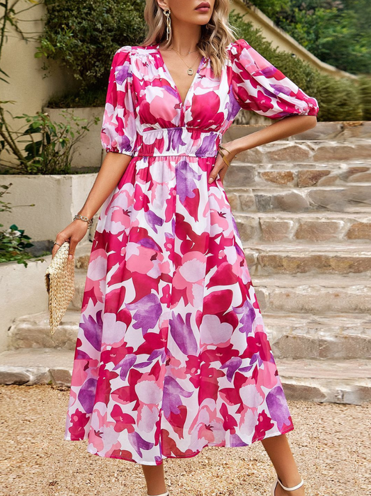 Robe d'Été Imprimée Col V Cintrée