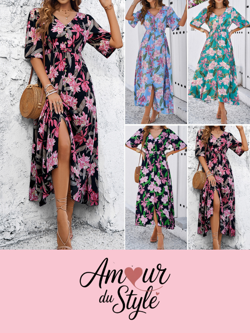 Robe Fleurie Décontractée Fendue Femme
