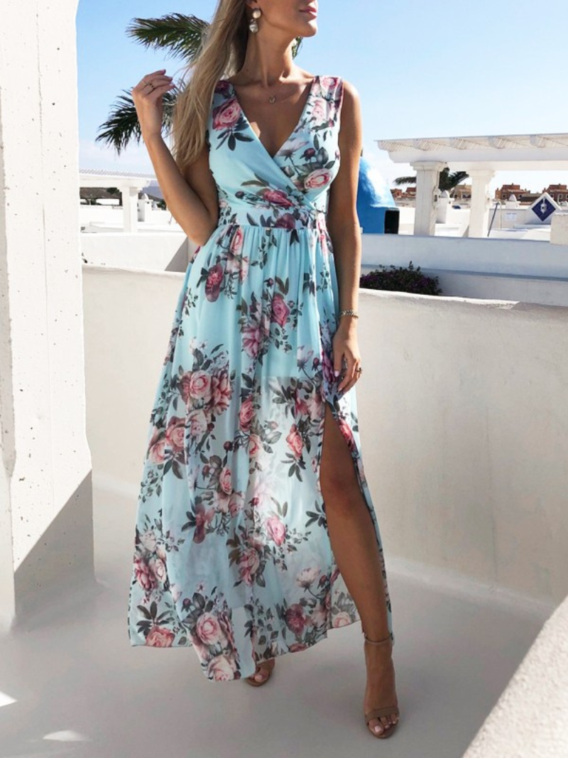 Robe Fendue en Chiffon Imprimé Col V