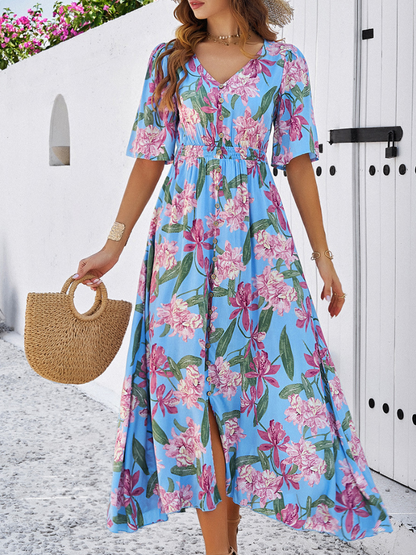 Robe Fleurie Décontractée Fendue Femme