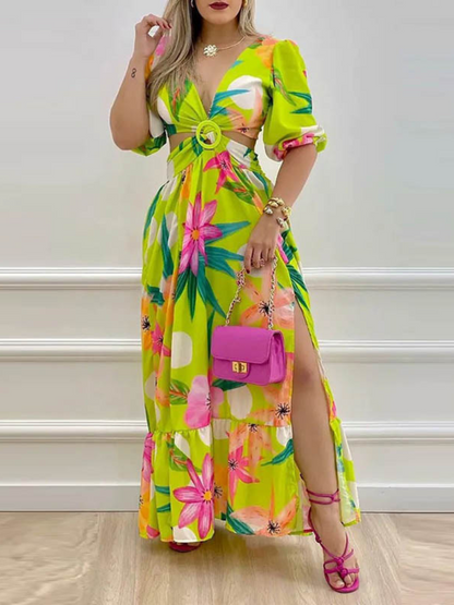 Robe Longue Bohème Imprimée Col V Fendu