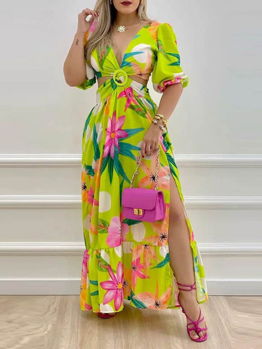 Robe Longue Bohème Imprimée Col V Fendu