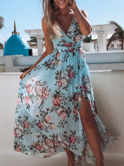 Robe Fendue en Chiffon Imprimé Col V