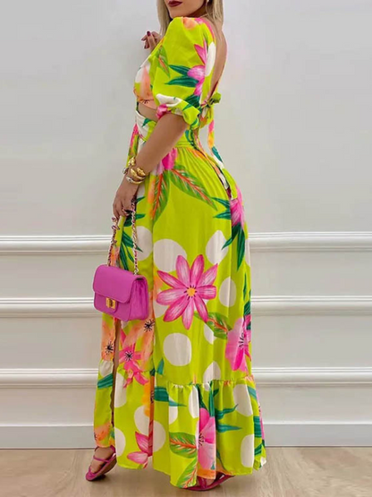 Robe Longue Bohème Imprimée Col V Fendu