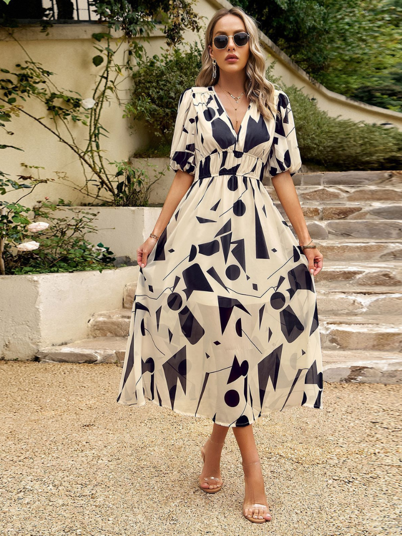 Robe d'Été Imprimée Col V Cintrée