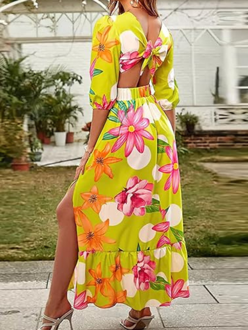 Robe Longue Bohème Imprimée Col V Fendu