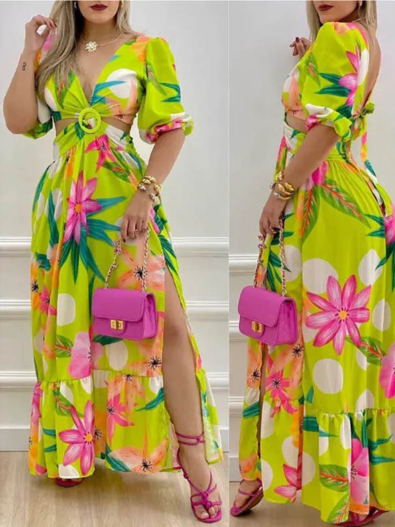 Robe Longue Bohème Imprimée Col V Fendu