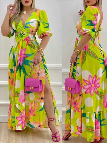 Robe Longue Bohème Imprimée Col V Fendu