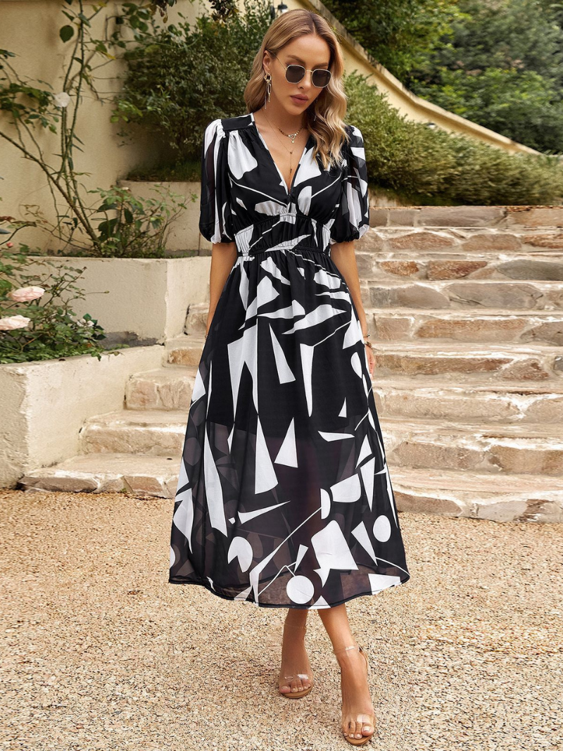 Robe d'Été Imprimée Col V Cintrée