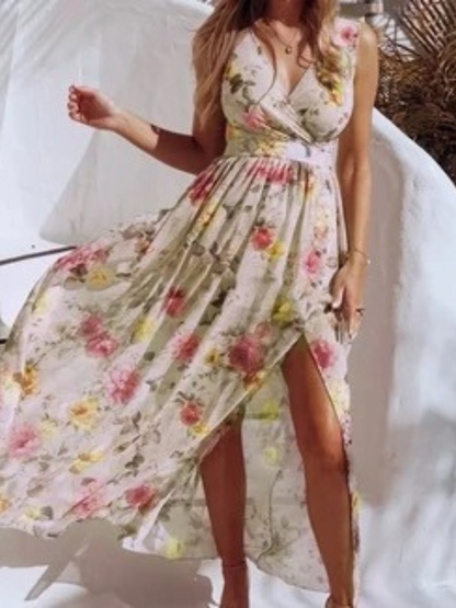 Robe Fendue en Chiffon Imprimé Col V