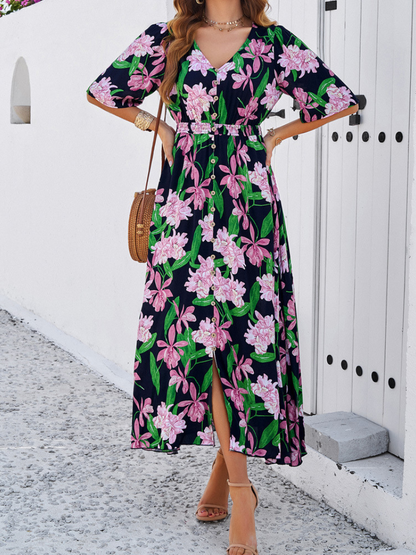 Robe Fleurie Décontractée Fendue Femme