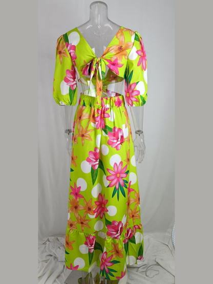 Robe Longue Bohème Imprimée Col V Fendu