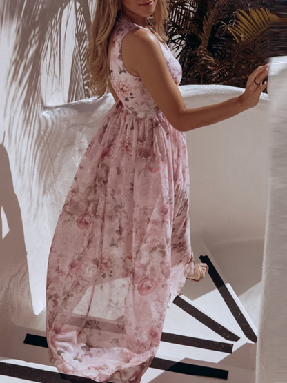 Robe Fendue en Chiffon Imprimé Col V