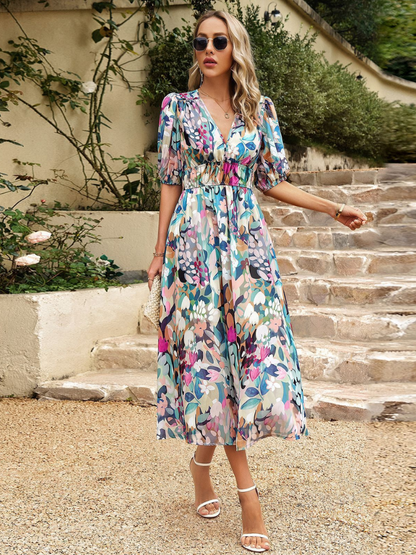 Robe d'Été Imprimée Col V Cintrée