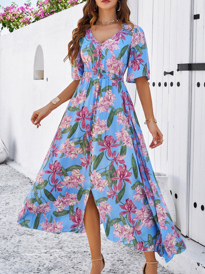 Robe Fleurie Décontractée Fendue Femme