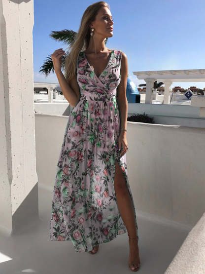 Robe Fendue en Chiffon Imprimé Col V